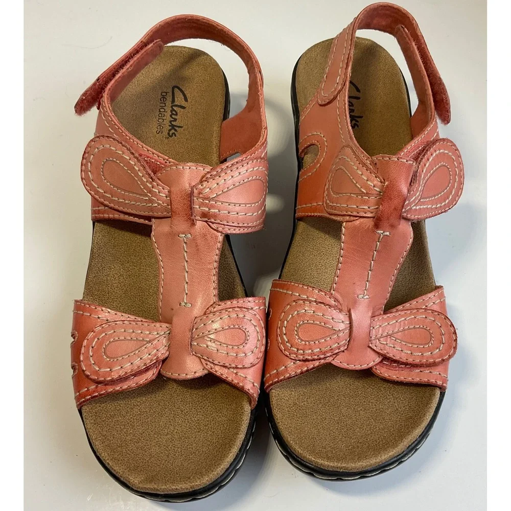 Clarks Bendables Coral Pink Leather Slingback Wedge Sandals 65780 Womens 8M lexi